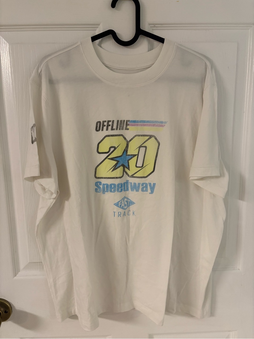 new aerie White '21 Speedway' Graphic Tee with Yellow & Blue Print